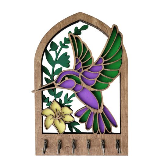 

Держатель ключей в виде колибри с 6 металлическими крючками, гладкий край без заусенцев, деревянный крючок для ключей в виде птицы, органайзер для прихожей фиолетовый