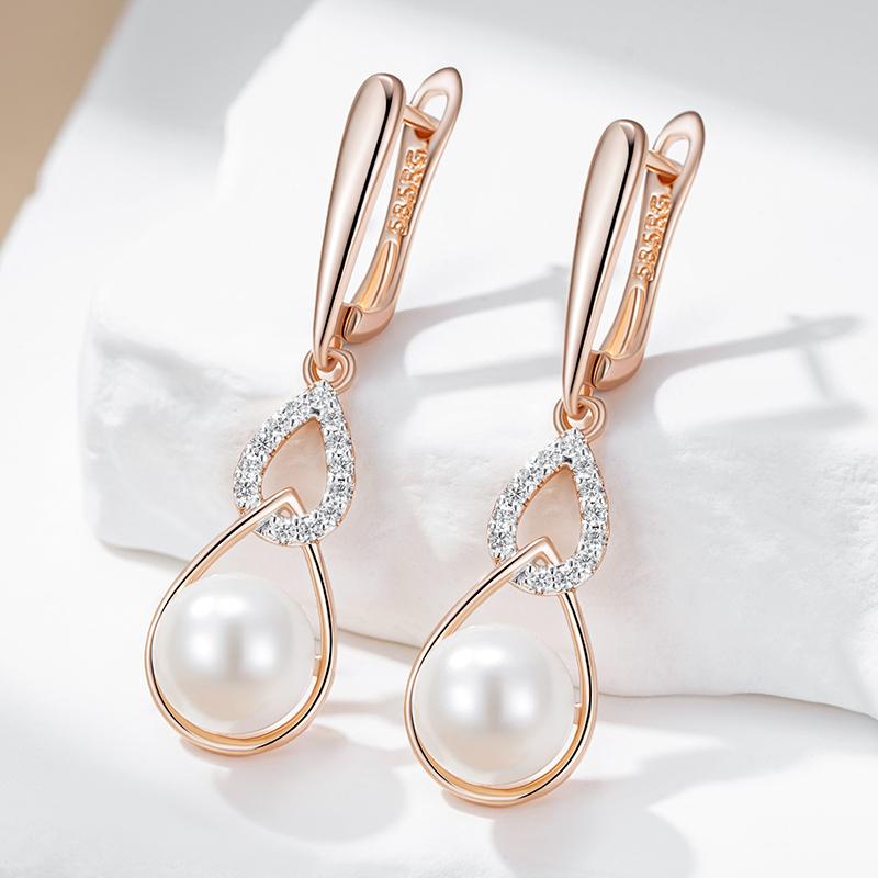 Luxury  Rose Gold Color Drop English Earrings For Women Unique Geometric Pearl Earrings Bridal Wedding Jewelry  New
