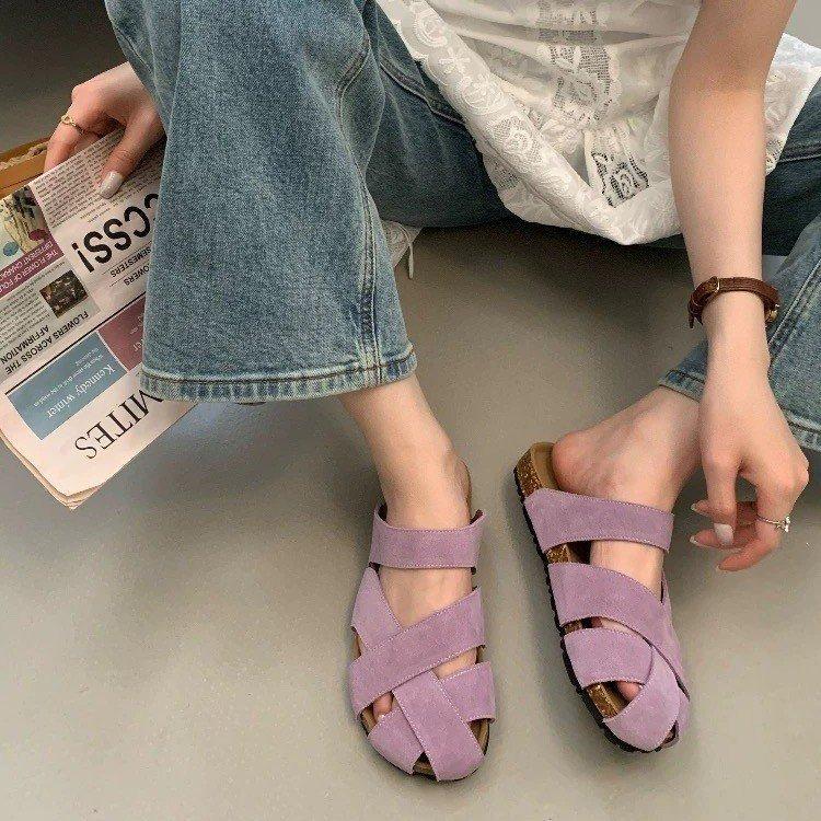Soft flat-bottomed lazy person pedal bag head half slippers outer wear women's shoes 2025 summer new niche hollow cool slippers