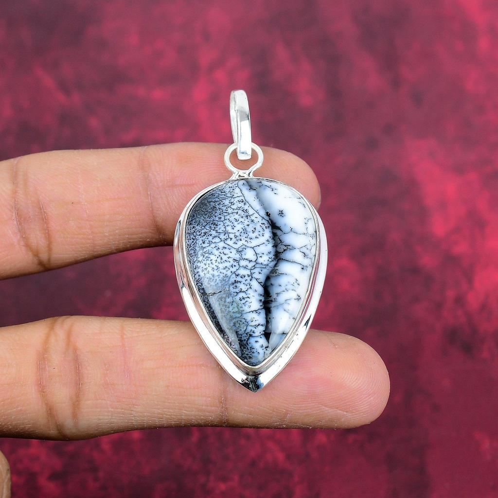 Dendrit Opal 925 Sterling Silber Anhänger, handgemachter Edelstein Schmuck Anhänger Geschenk zum Geburtstag