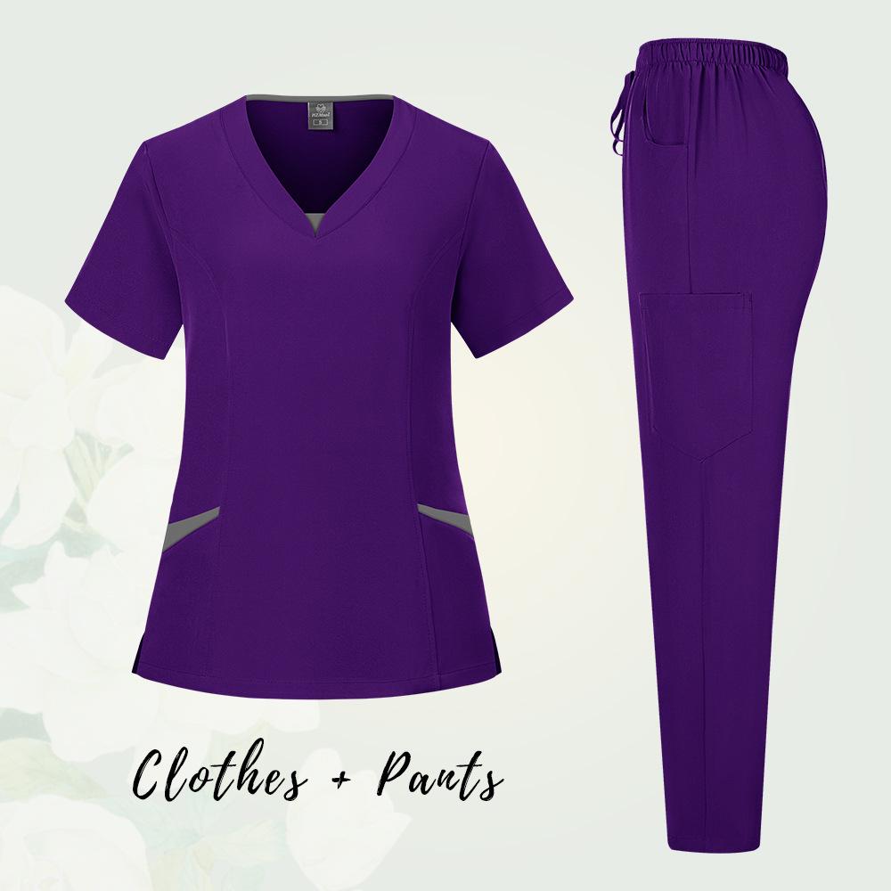 Elastic V-Neck Short Sleeve Scrub Suit for Dental Clinic, Salon, or Nurse Uniform