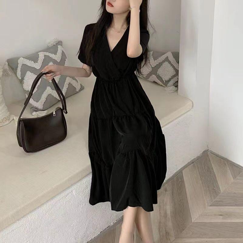 Basic French Style V-Neck Dresses Summer New Short Sleeve Women's Clothing Elegant A-Line Waist Fashionable Patchwork Midi Dress