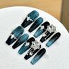 Women Long‑Style Press‑On Nails Black Gradient Sapphire‑Cat‑Eye Luxury Rhinestone Removable False Nail Patches