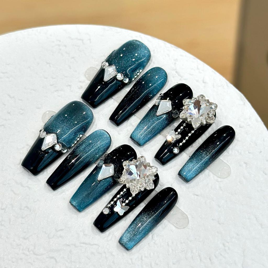 Women Long‑Style Press‑On Nails Black Gradient Sapphire‑Cat‑Eye Luxury Rhinestone Removable False Nail Patches