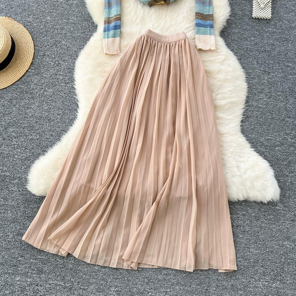 Spring Autumn Women Vintage Rainbow Striped Knitted Sweater Pullover Tops and Long Midi Pleated Skirt Two Piece Set