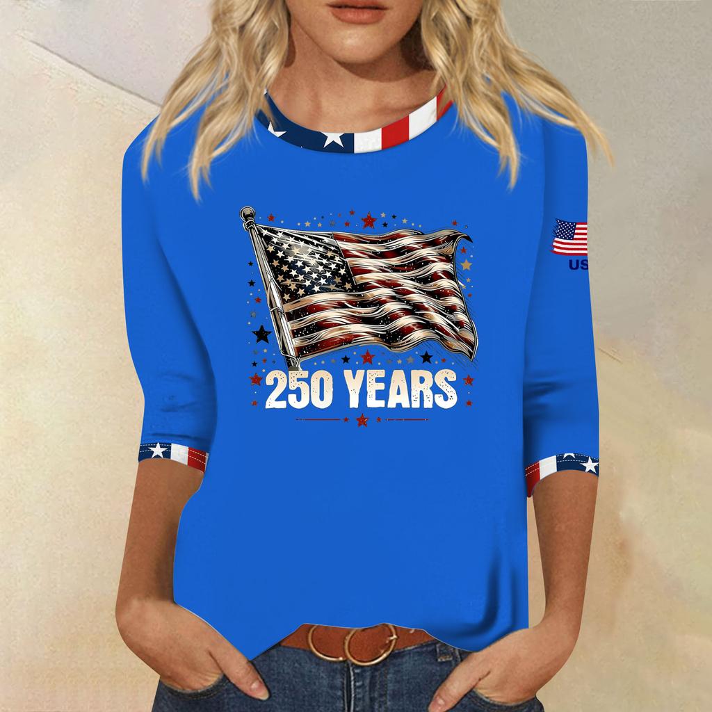 Women's Fashion Casual Seven-Sleeve Independence Day Print Round Neck Top