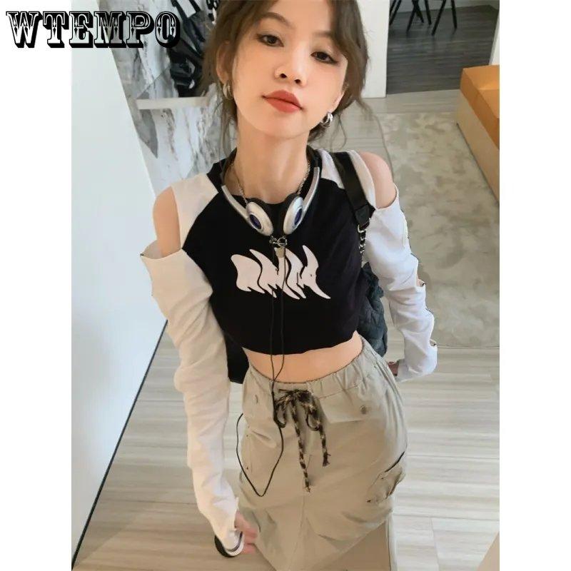 WTEMPO Kontrast Cropped Tops Frauen Y2K Aushöhlen Langarm T-Shirts Sommer Koreanische Slim-fit Tees Streetwear