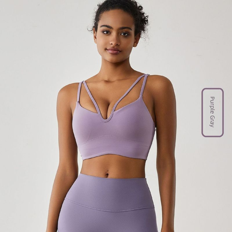 

Nude Feel Yoga Sports Underwear Women s Sexy V-neck Bubble Wrap Fitness Vest Sling Beautiful Back Push up High Strength Bra Purple gray 8