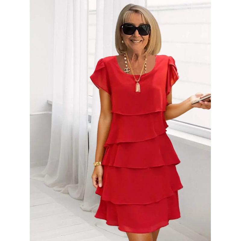 

New, summer short-sleeved cake dress solid color crew neck dress women 3XL червоний