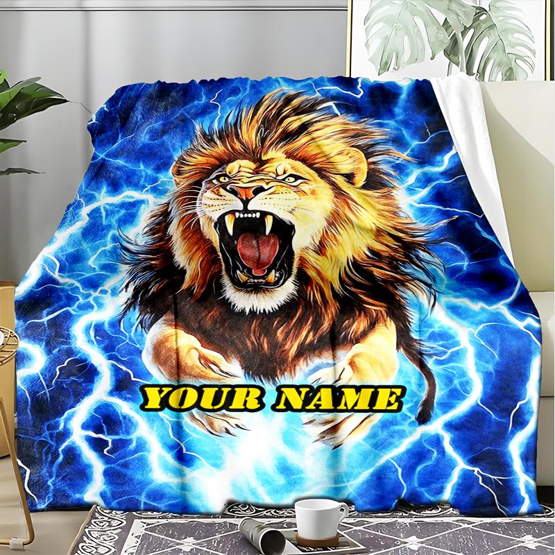 1PC Custom Name Lion Power Energy outdooor Flannel blankets Patterns Throw Blanket All-Season Soft Gift for Couch, Bed, Camping gifts