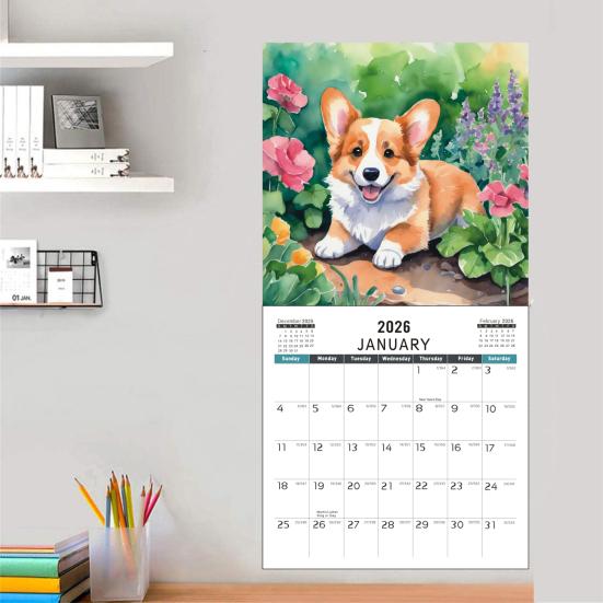 2026 Sněhový den Corgi Nástěnný kalendář 12měsíční kalendář s tématikou psa Corgi z tlustého papíru pro dekoraci domácí kanceláře, domácí dekorace, nástroj pro řízení času