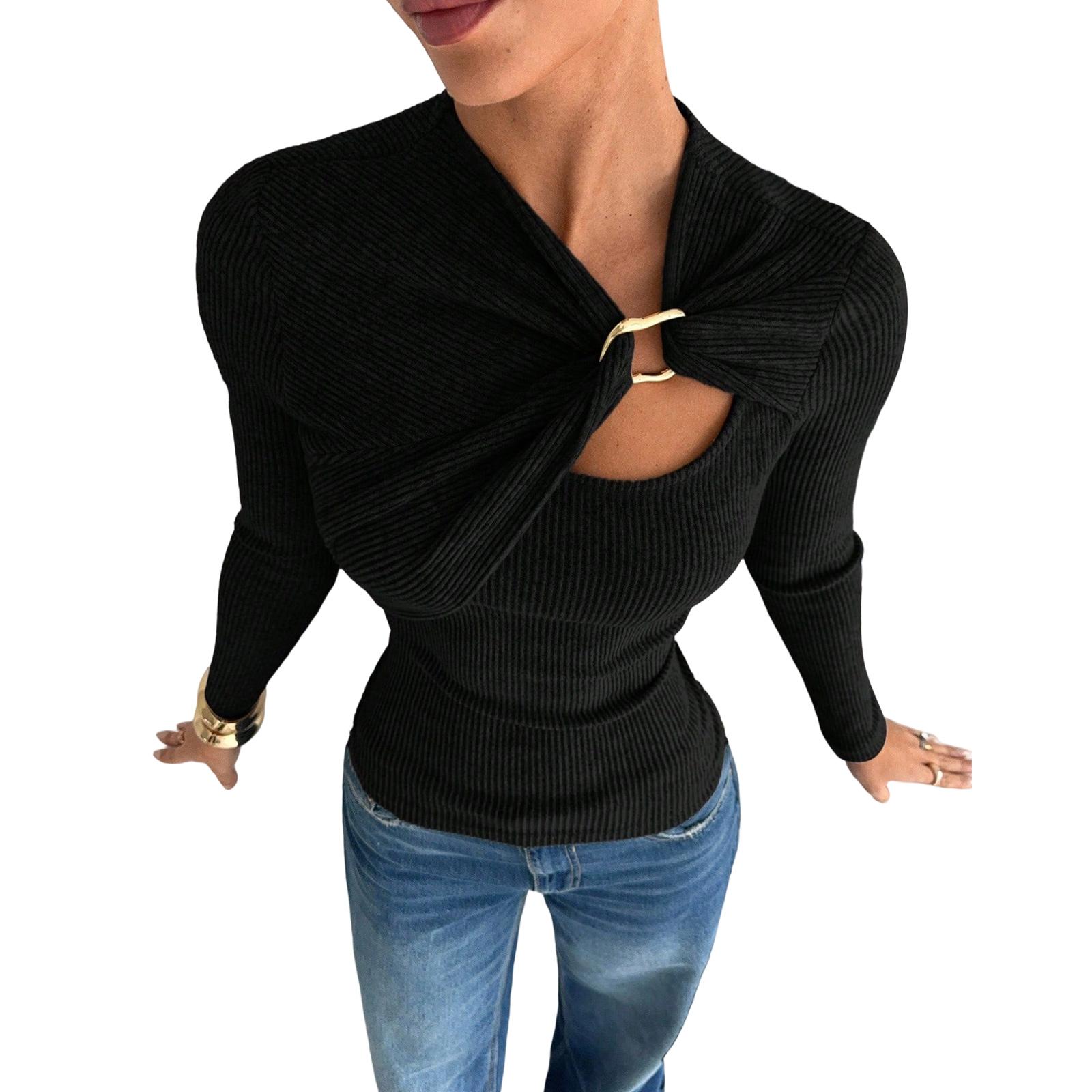 Women s Soft Asymmetrical Draped Hollow-Out Metal Buckle Decorated Long-Sleeved T-Shirt Base Layer L