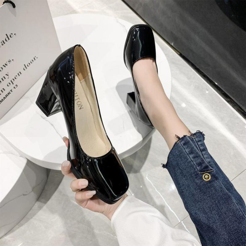 Women's Leather Shoes High Heels Elegant Thick Heel Square Toe Slip-on Shoes