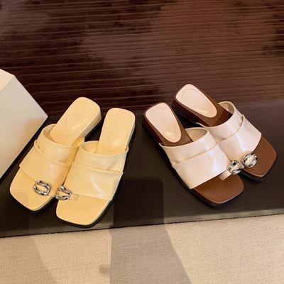 Cowhide Version~ French Metal Buckle Pleated Wide One-word Set Toe Slope Heel Sandals Women's Summer Thick-soled One-pedal Slippers