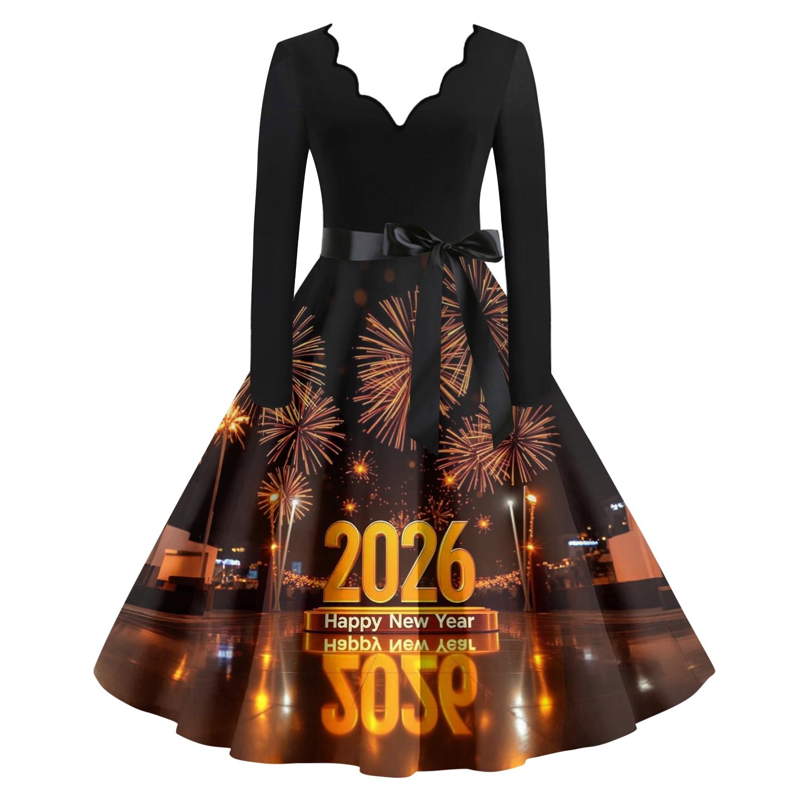 

Женское повседневное модное платье винтажного стиля с V-образным вырезом и новогодним принтом S золотой