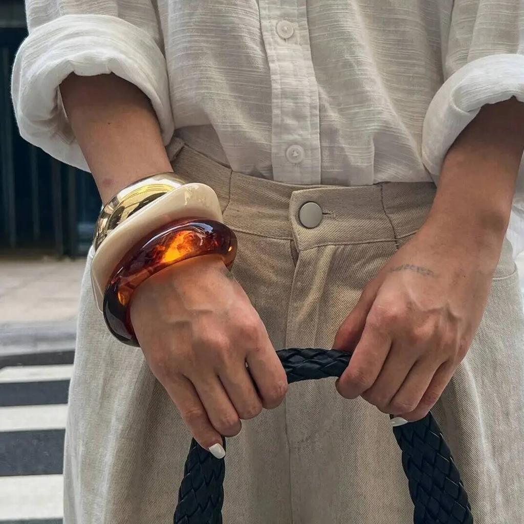 SHIXIN 3 Styles Punk Thick Resin Acrylic Irregular Bangle Bracelet for Women Vintage Metal Spring Bangle Fashion Jewelry Gift