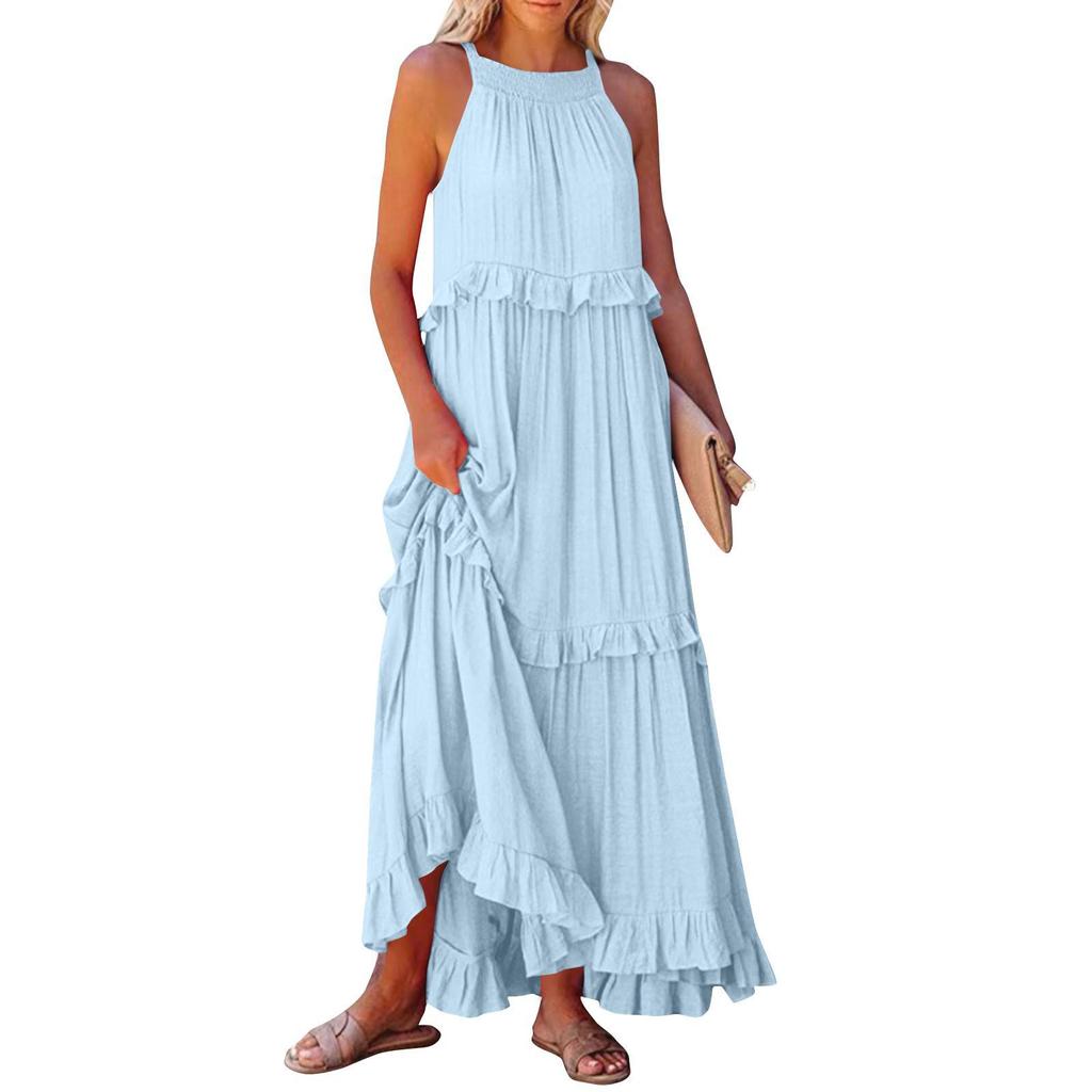 European and American 2025 Summer Ruffle Long Dress - Women's Flowing Holiday Beach Style