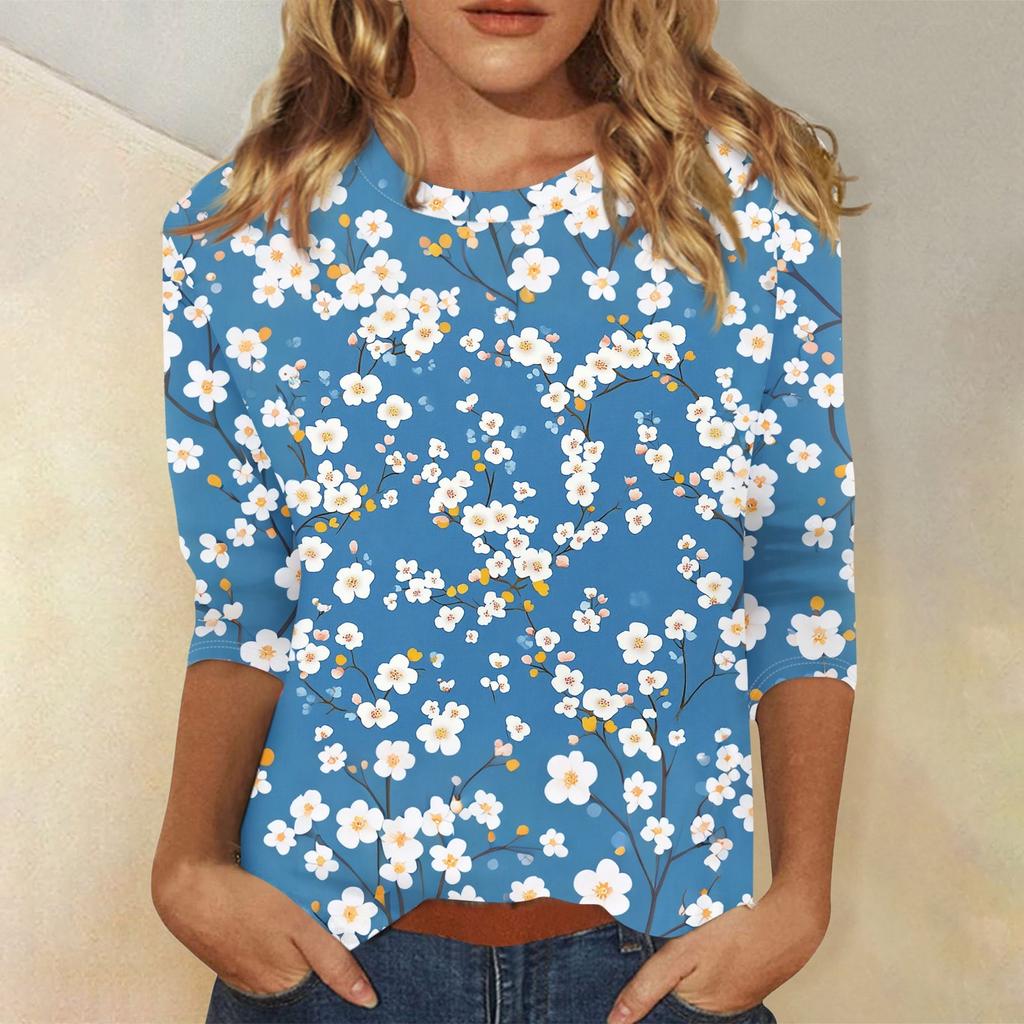 Modisches, lässiges Pullover-Oberteil mit Dreiviertelärmeln und bedrucktem Kragen für Damen