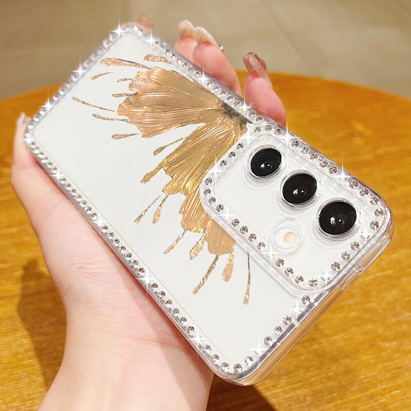 Diamond Frame Soft Silicone Shockproof Case For Samsung S25 Ultra S24 FE S23 S22 A16 A56 A36 A15 A55 A35 Butterfly Print Clear Phone Cover