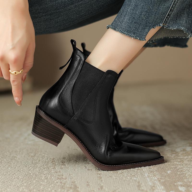2024 Vintage Women Genuine Leather Ankle Boots Autumn Winter Thick Heels High Quality Elastic Band Office Lady Retro Shoes Woman