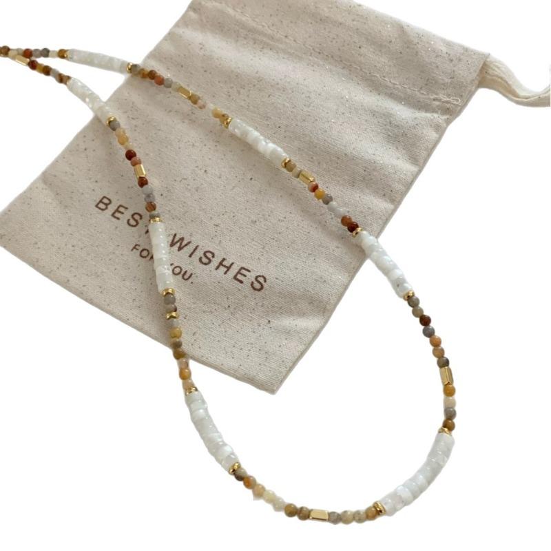 White Shell Earthy Beaded Choker Necklace – Gold Accent Minimalist Boho Necklace for Women, Dainty Everyday Jewelry Gift