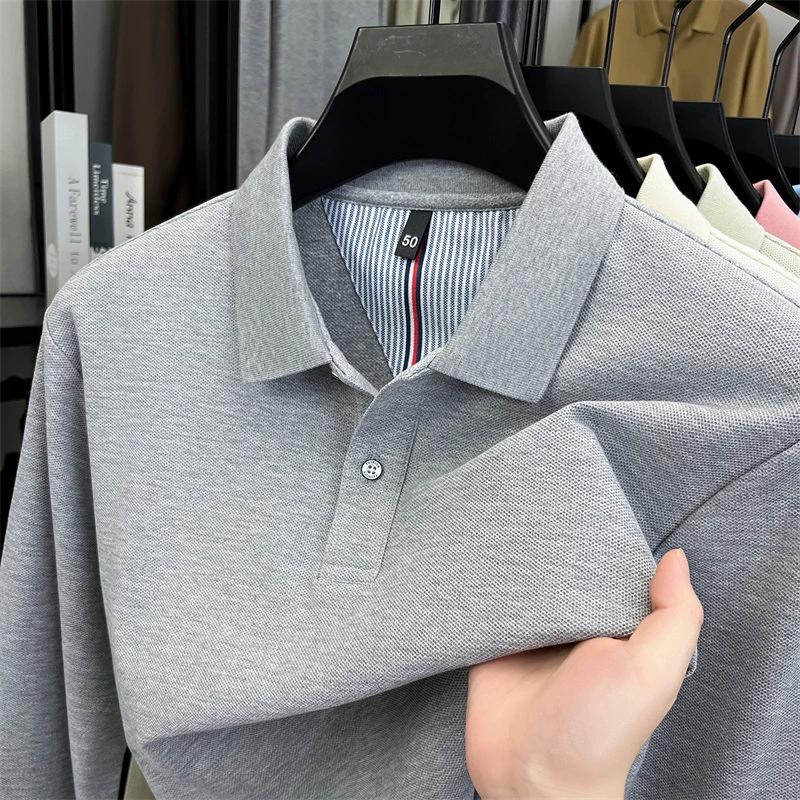 Spring Summer Men's Solid Color Cotton Polo Shirt - Long Sleeve Casual Top