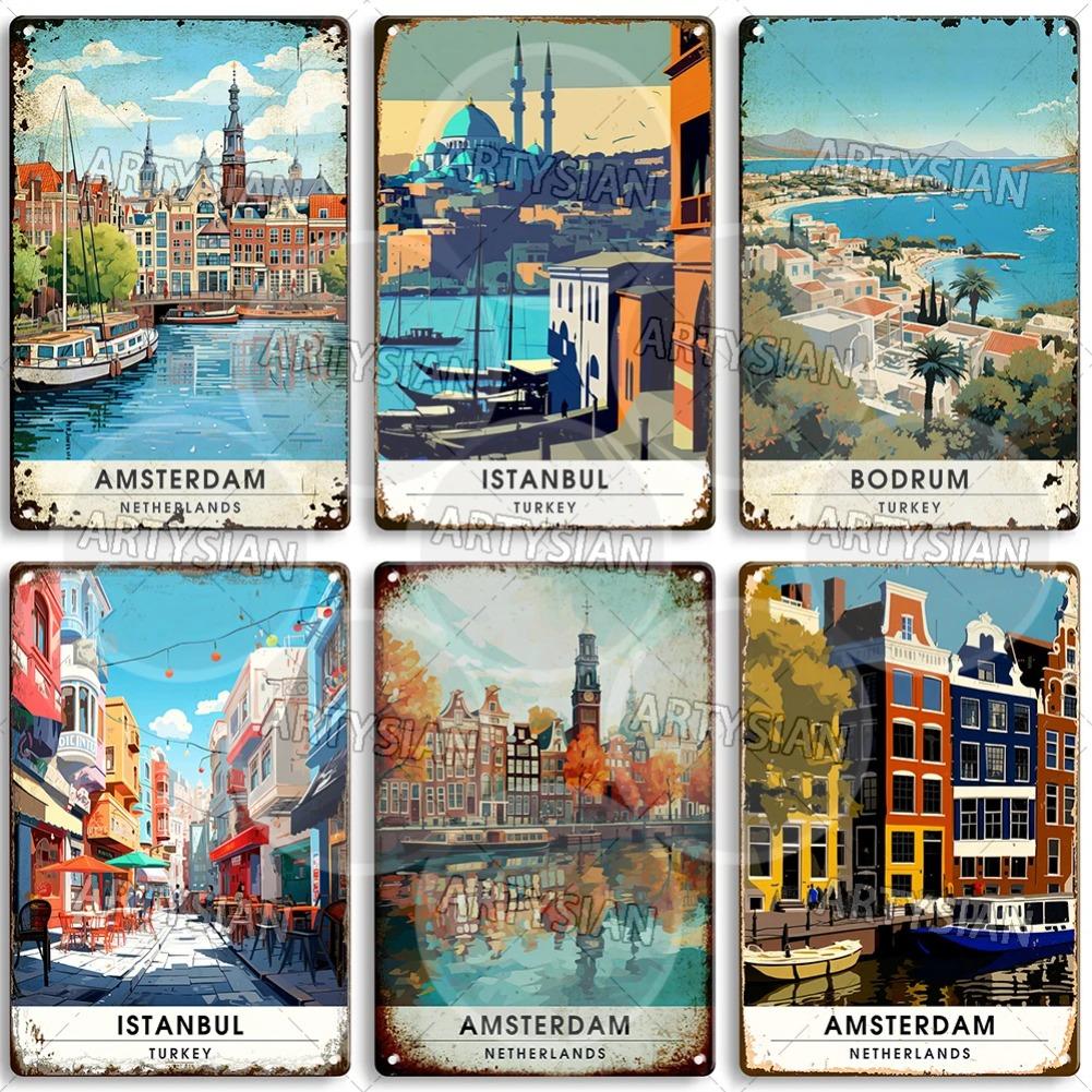 Netherlands Turkey Travel Cityscape Metal Sign Istanbul Bodrum Cappadocia Amsterdam Antalya Bodrum Giethoorn Metal Plaque