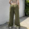 Pantaloni della tuta a vita bassa con coulisse e tasche, gamba larga larga, pantaloni bianchi vintage