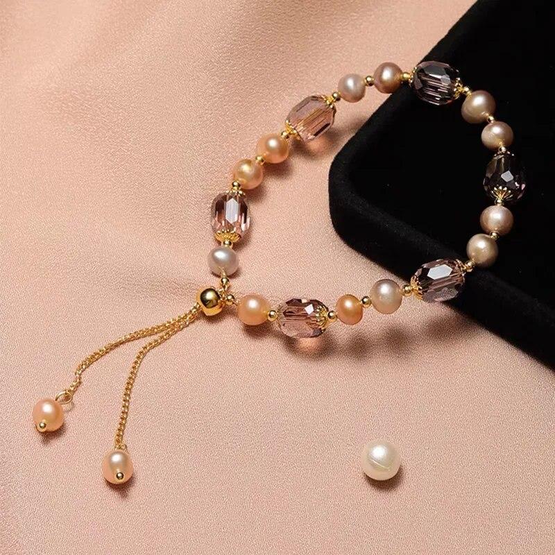 Elegant Pink Imitation Pearl Bracelets Exquisite Purple Crystal Beaded Adjustable Bracelets Bangle Female Wristband Accessories