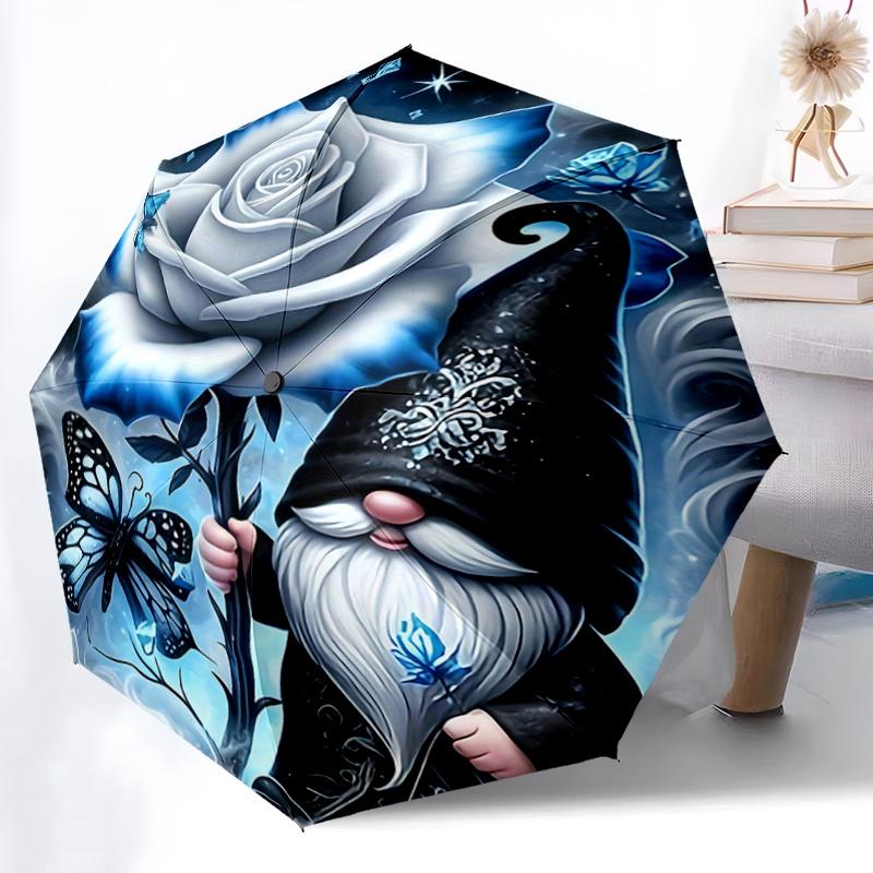 1pc Blue Rose Butterfly Gnome Automatic Opening Folding Umbrella, 8 Bone Iron Frame, Suitable for Fans, Travel, Daily Use, Festive Gift.R091