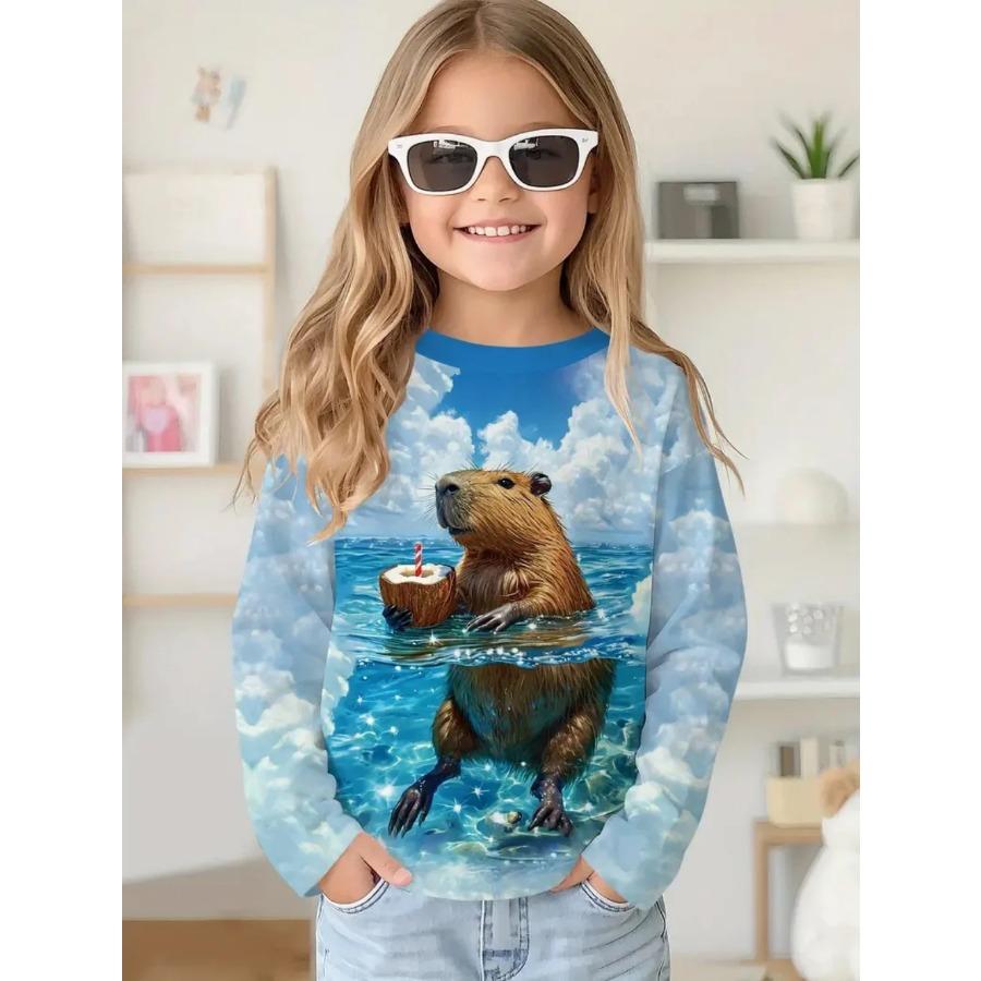 Capybara T-Shirts Children Cartoon Graphic Tee Harajuku Girl Tops Japanese Fashion Cute Animals Long Sleeves Children's Clothing