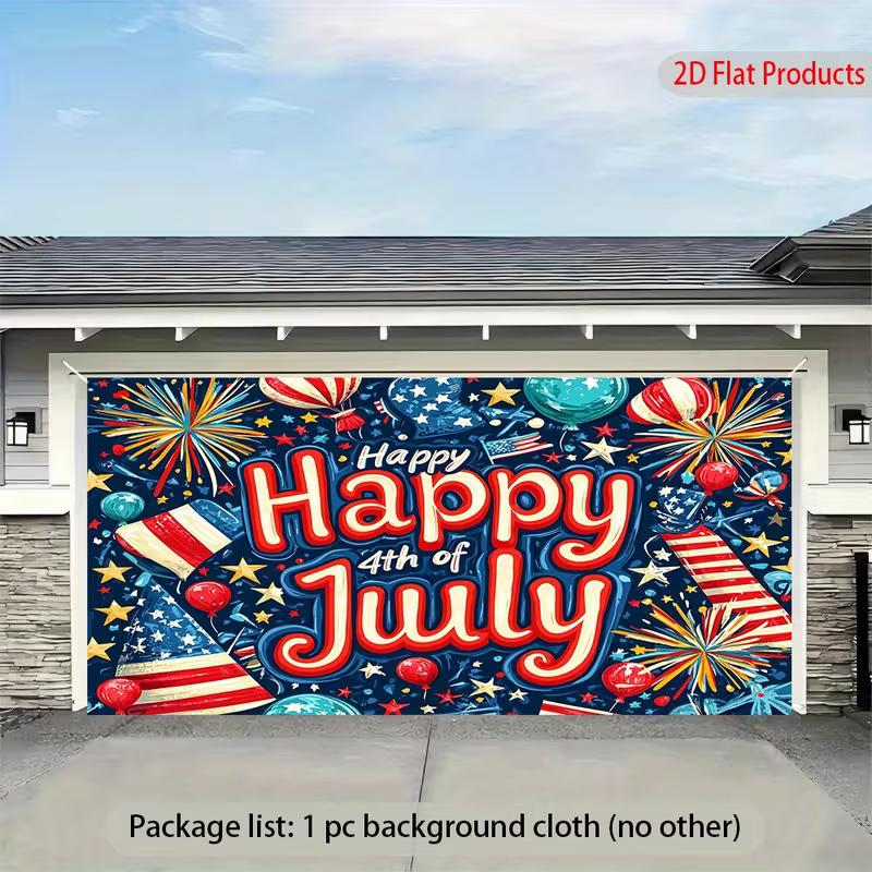 Festive Independence Day Tapestry, Bold "Happy 4th of July" Text with Fireworks, Balloons and Stars, Vibrant Patriotic Wall Art