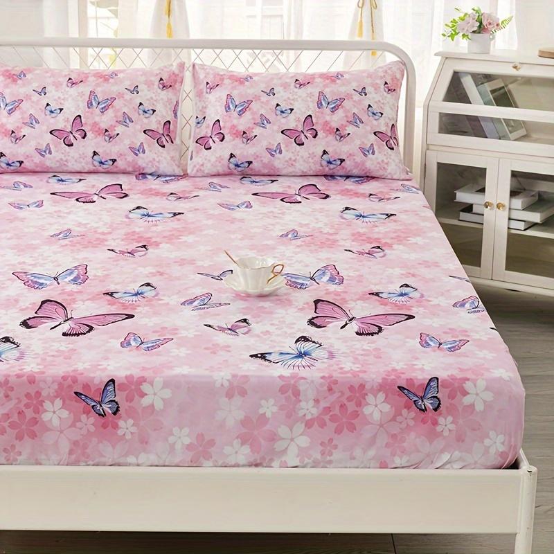 Soft And Breathable Butterfly Fitted Sheet Set Fashion Non-Slip Mattress Protector For Bedroom Guest Room School Dorm Decor