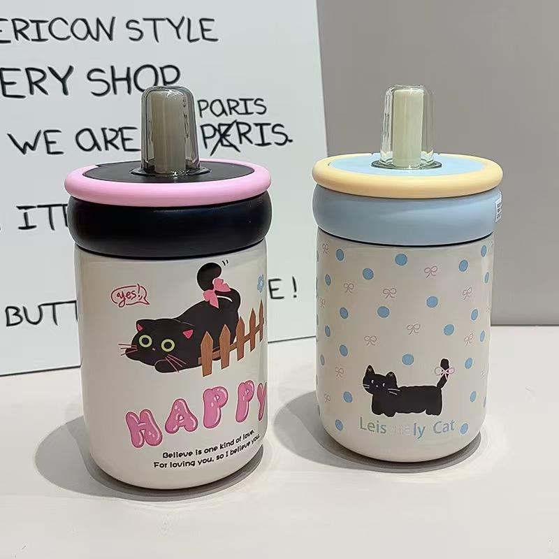 Stainless Steel Insulated Water Bottle for Women, High Aesthetic Straw Cup, Portable Student Drinking Mug, Casual Style