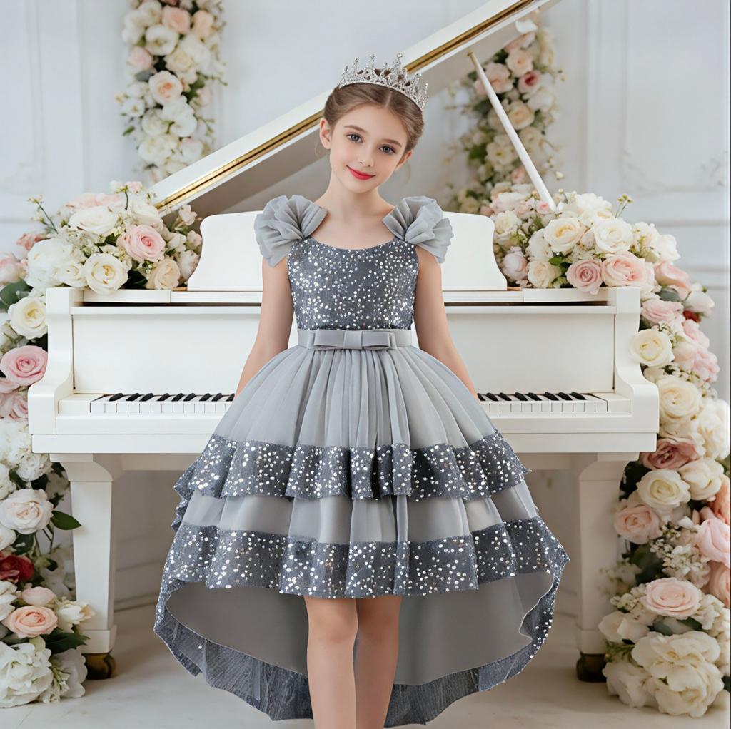 Pailletten-Prinzessinnenkleid: Formelles Kleid für Mädchen für Geburtstage und Partys – Schleife, Pailletten, Trägerlos, Schleppe