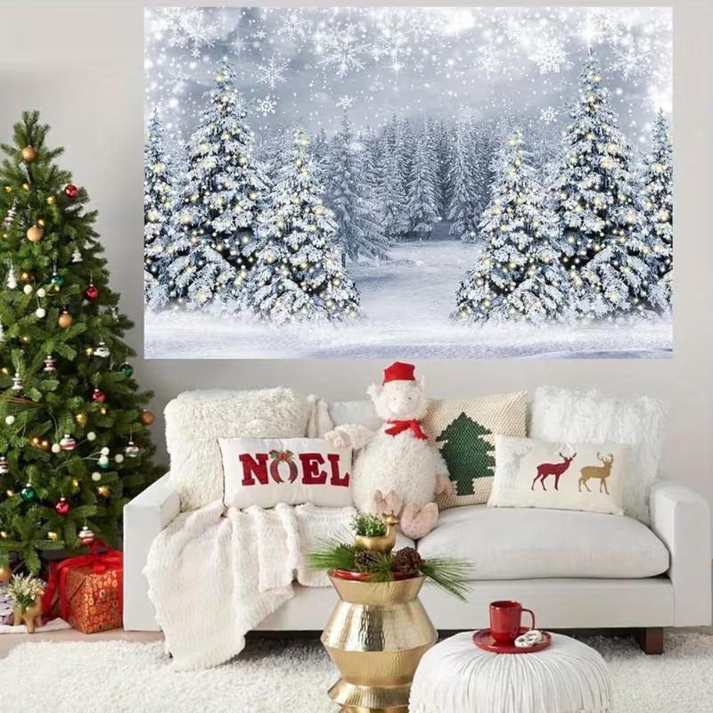 2D White Winter Christmas Backdrop, Snowy Pine Tree Forest Scene Background for Party Decoration