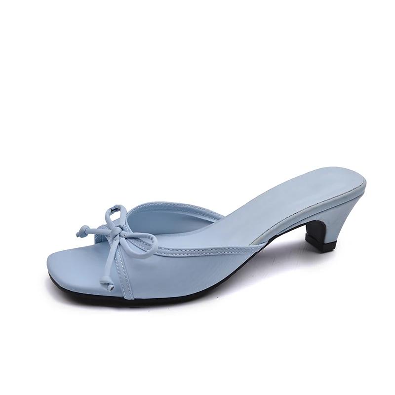 

Fashion Women s Summer Butterfly-knot Slippers Street Style Square Toe Thick Heel Dress Shoes Outdoor Ladies Slides 35 светло-синий