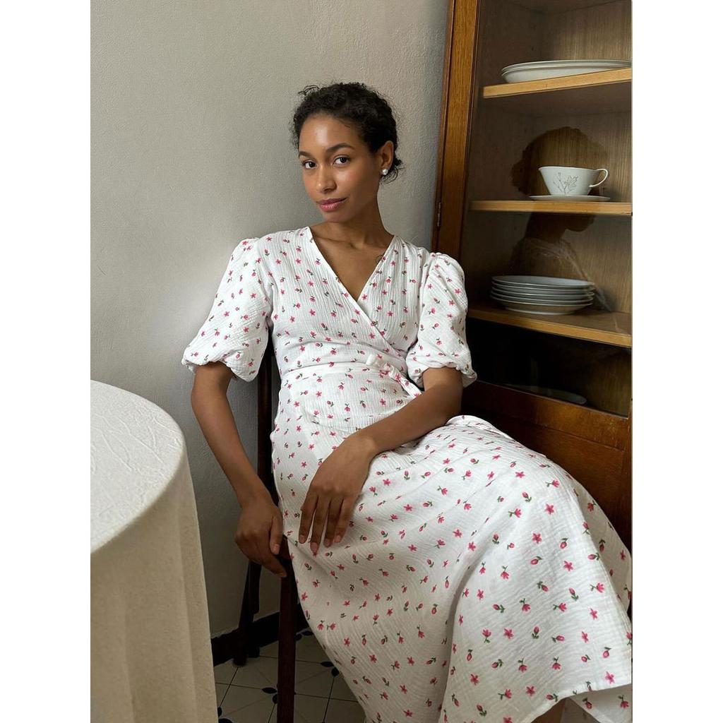 Casual Women's Summer Dresses Cotton Floral Print A-line Midi Dress with Side Slits Long Elegant White Dress for Women