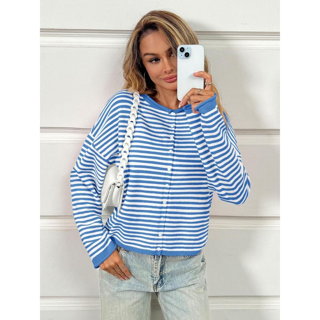 Women's Striped Contrasting Sweater for Autumn and Winter, Long Sleeved Casual Cardigan