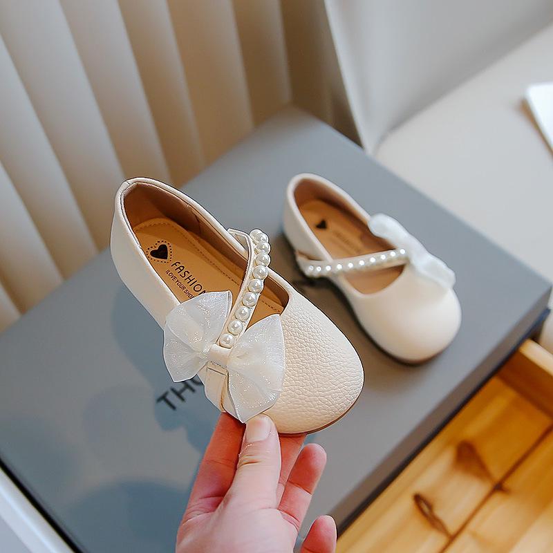 2025 Girls' Pearl White Leather Loafers for Spring & Autumn - Soft Sole, Fashionable Princess Shoes