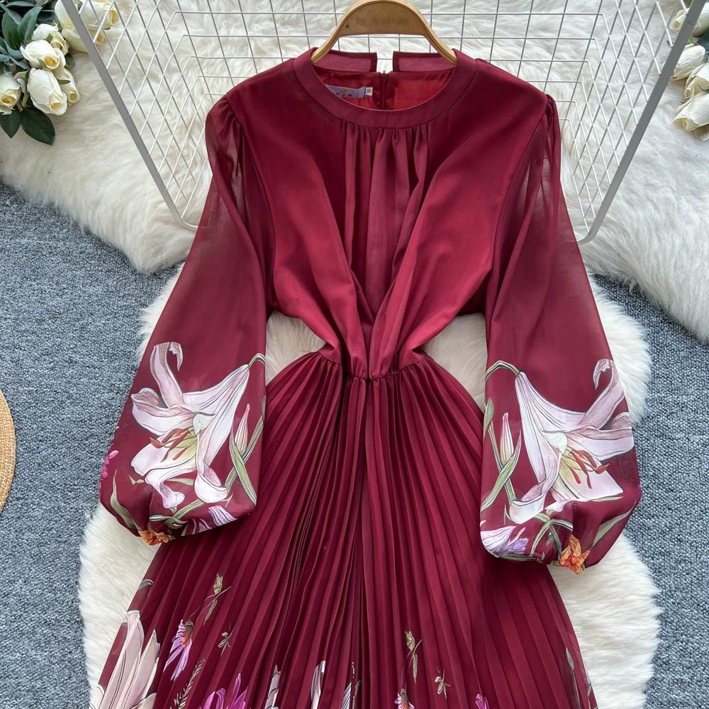 Hochwertiges bedrucktes Kleid für Damen Frühling Herbst A Schlank machende Taille und elegantes plissiertes langes Damenkleid