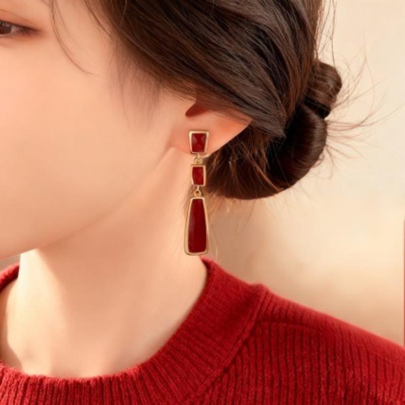 Vintage Red and White Earrings for Women, Simple Geometric Drip Oil Long Earrings, Trendy and Fashionable Earrings