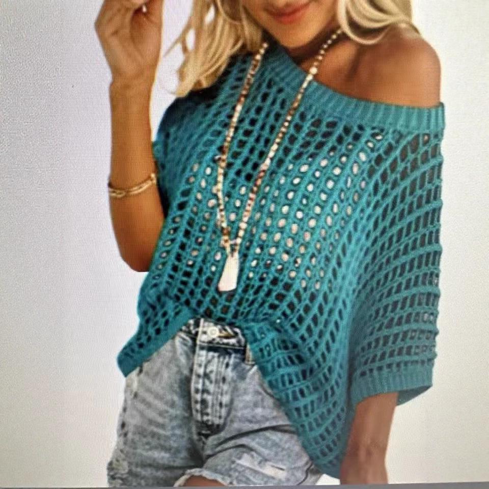 European & American 2026 Summer Mesh Hollowed-Out Five-Sleeve Beach Cover-up Sunscreen.