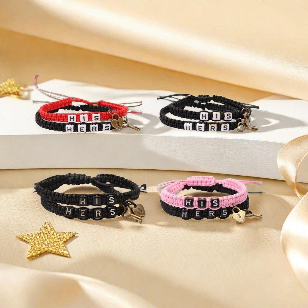 Trendy HIS HERS Couple Bracelet with Lock & Key Pendant and Woven Lanyard