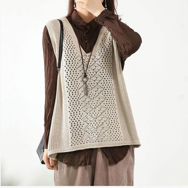 Gilet lavorato a maglia retrò con scollo a V, senza maniche, sottile, ampio, da donna, impilabile, casual, primavera e autunno