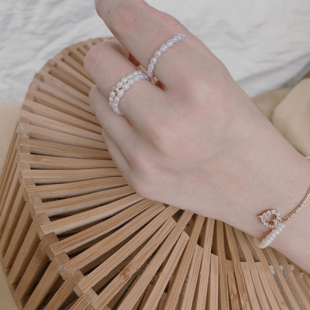 14K Gold Bead & Freshwater Seed Pearl Elastic Ring - Stackable & Versatile Style