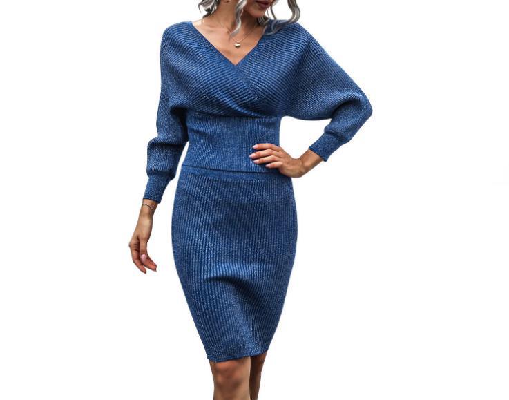 2023 Damen Off-Shoulder Fledermausärmel Rückenfreies Stricktop & Bodycon Wollkleid Set