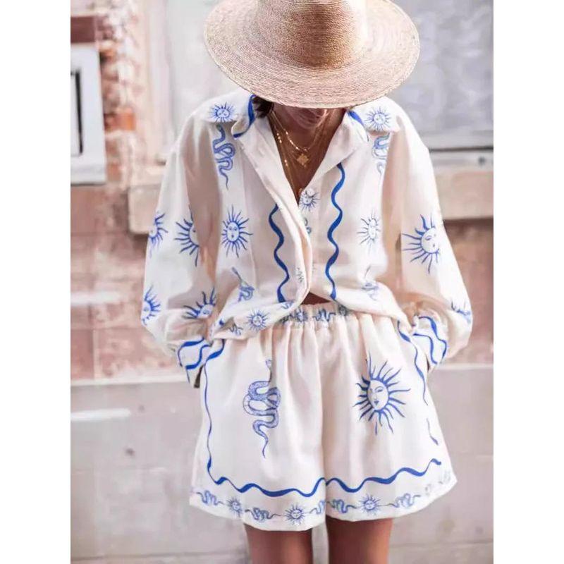 

Printed Collar Cardigan Shorts Set Woman Printing Lapel Cardigan Shorts Suit WHITE XL
