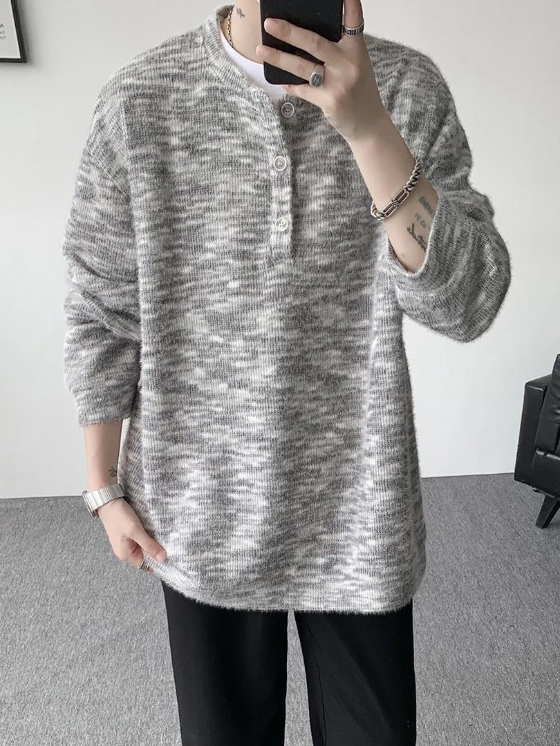 

Color Henry Neck Knitted Sweater Men s Autumn American Retro Lazy Wind Sweater Vintage Couple Coat M серый