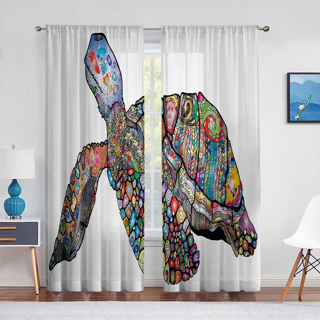 Cartoon Sea Turtle Tulle Curtains for Living Room Decoration Marine Animals Ink Blue Chiffon Sheer Voile Kitchen Bedroom Curtain